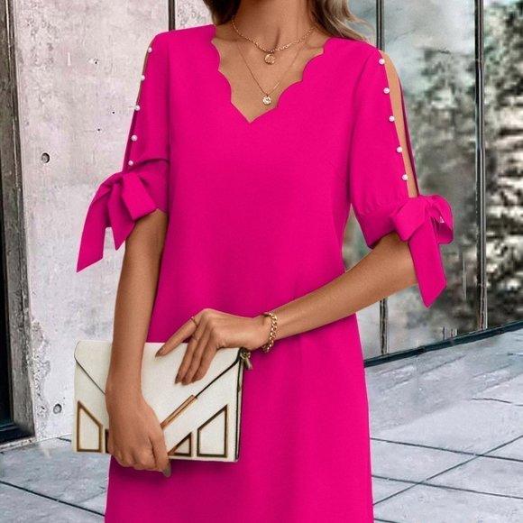 HOT Pink Casual Womens Pearls Beaded Scallop Trim Knot Cuff Tunic Dress - Picture 5 of 5